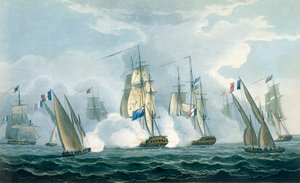 HMS Sirius, kaptajn Rowse i kamp mod en fransk eskadre ud for Tibermundingen, 17. april 1806, graveret af T. Sutherland til "The Naval Chronology of Great Britain" af J. Ralfe, udgivet 1820 (co